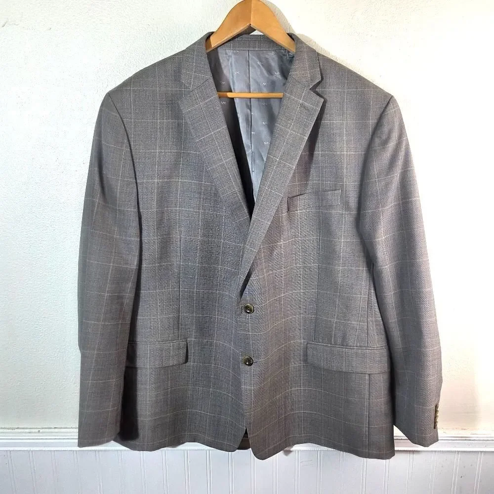 Men's Michael Kors Taupe Two Button Checkered Work Career Blazer Jacket Size 50R